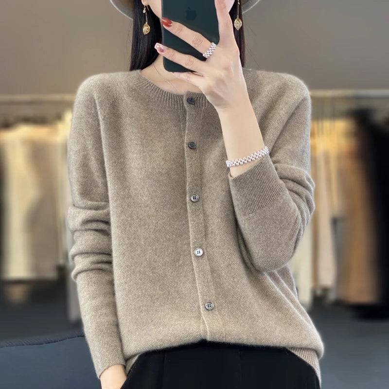 Women’s 100% Pure Wool Loose Cardigan – Autumn Winter Round Neck Solid Color Top 🍂🧶