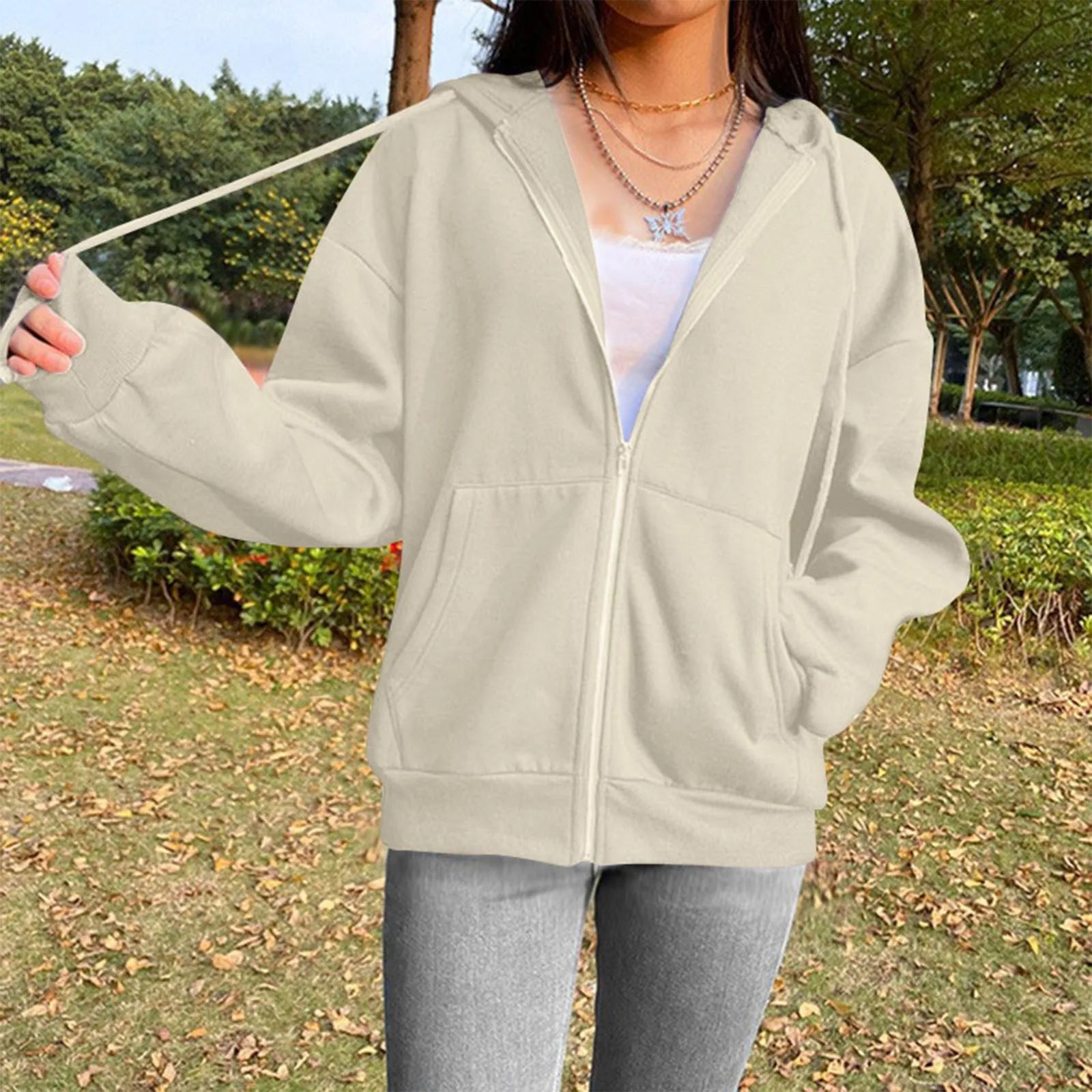 Spring Autumn Women Solid Color Hooded Sweatshirt Coat | Zipper Pocket Hoodie Jacket | Casual Outerwear Femme