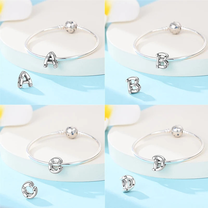 Classic 925 Sterling Silver A–Z Alphabet Charms | Letter Beads with Stars Fit Original Bracelet DIY Jewelry for Women