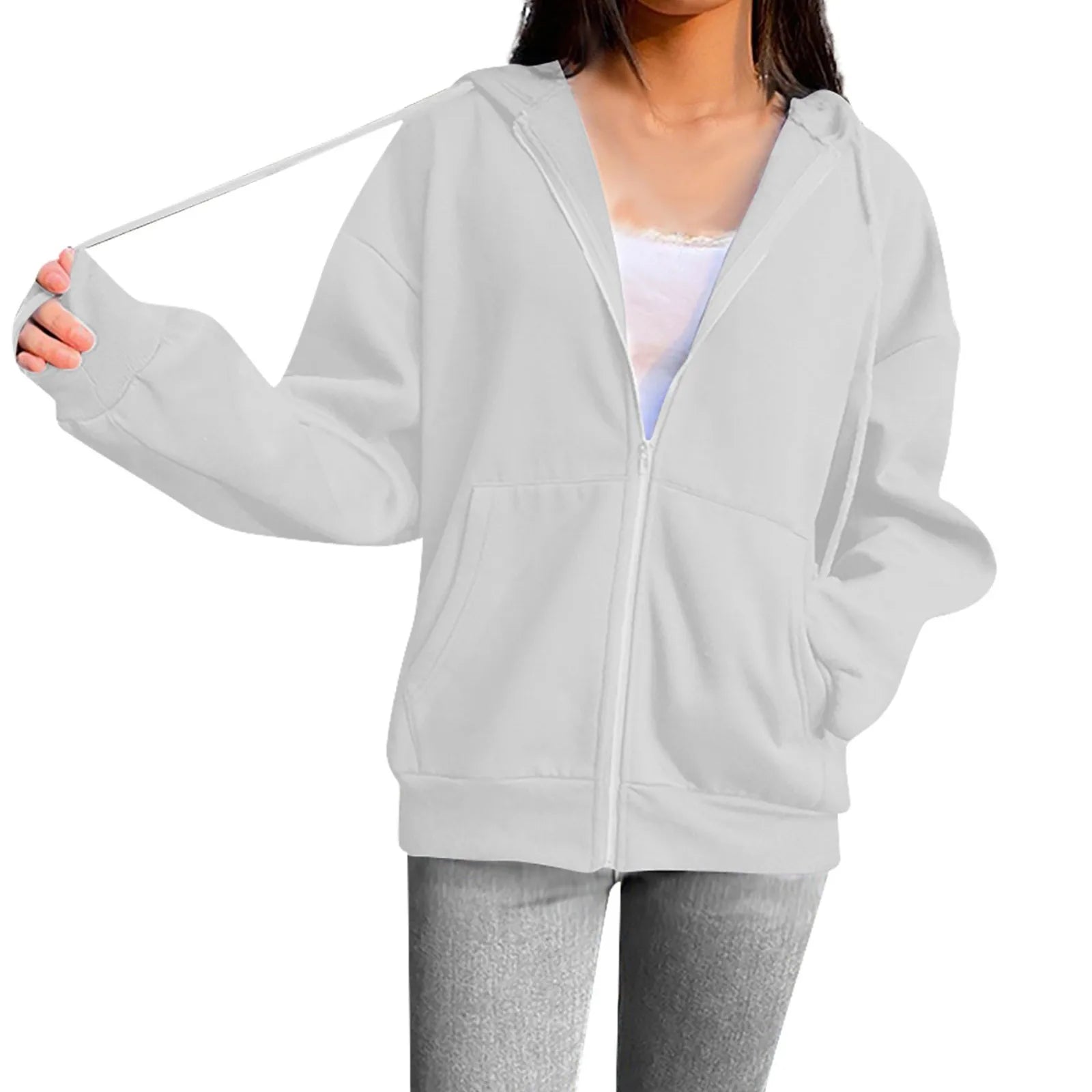 Spring Autumn Women Solid Color Hooded Sweatshirt Coat | Zipper Pocket Hoodie Jacket | Casual Outerwear Femme