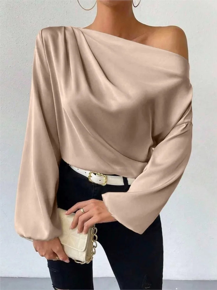 2025 Women’s One-Shoulder Elegant Blouse – Sexy Solid Color Long Sleeve Foreign Style Top 👚✨
