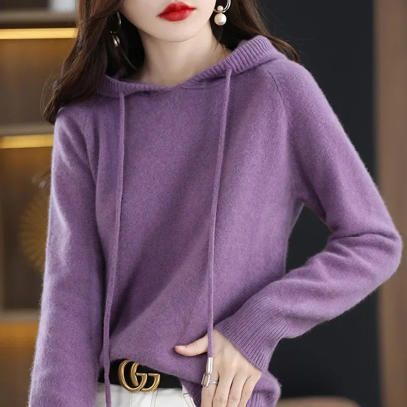Women Pullover Sweater Hooded Jumper – Korean Loose Fit Solid Long Sleeve Thick Warm Knitted Sweater Autumn Winter