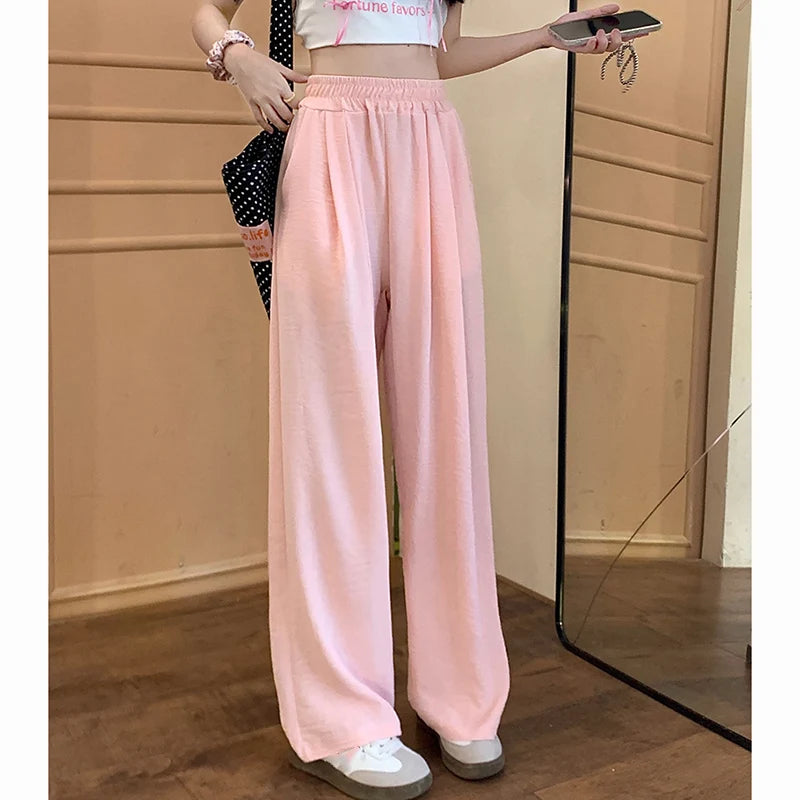 Summer Women Colorful Ice Silk Pants | High Waisted Wide Leg Trousers | Baggy Straight Leg Casual Pants