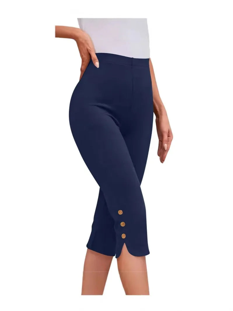 Women’s High-Waisted Elastic Mid-Calf Pants | Seven-Foot Trousers with Button Detail | Comfortable Base Layer Clothing