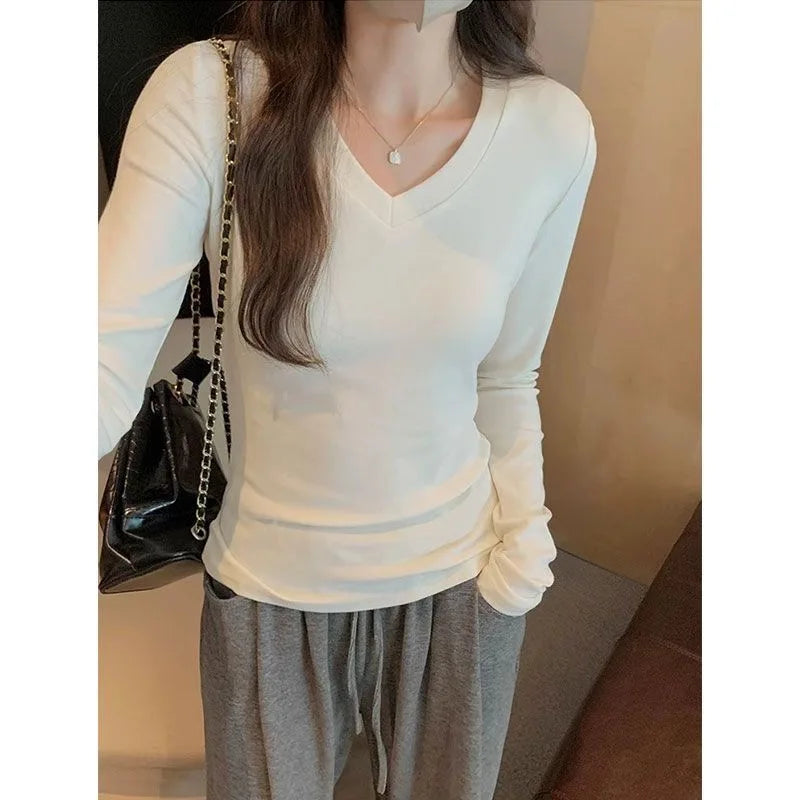 Women's Fleece-Lined Long Sleeve T-Shirt ❄️ Sweet Slim Fit U-Neck Top 👚 Autumn Winter Warm Fashion