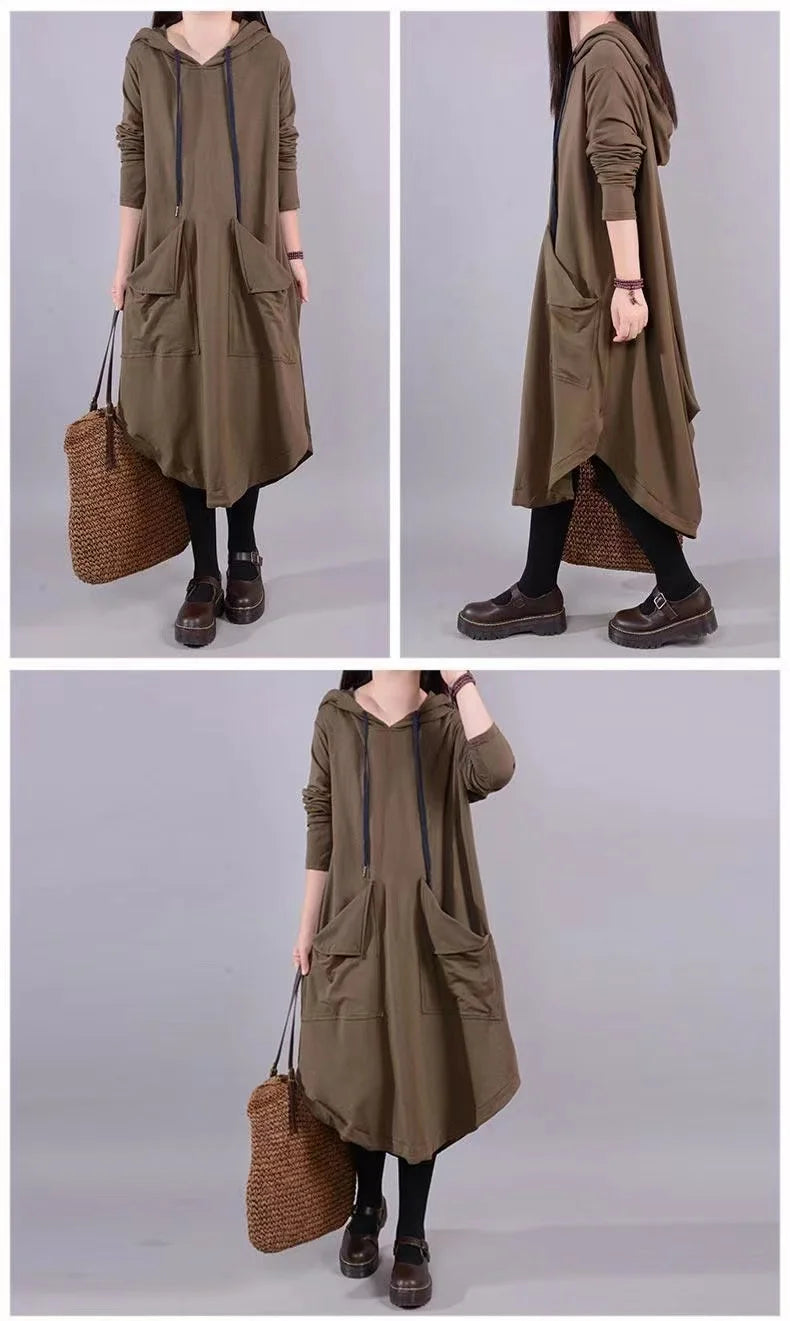 Artistic Loose Midi Dress for Plus Size Women | Autumn Hooded Long Sleeve Polyester Fiber Dress | Casual Commute Fashionable