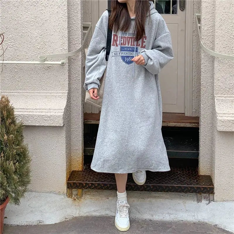 Winter Thiened Fleece Sweatshirt Dress – Printed Midi Skirt Hoodie Dress, Lazy Long Sleeve Outerwear for Young Women