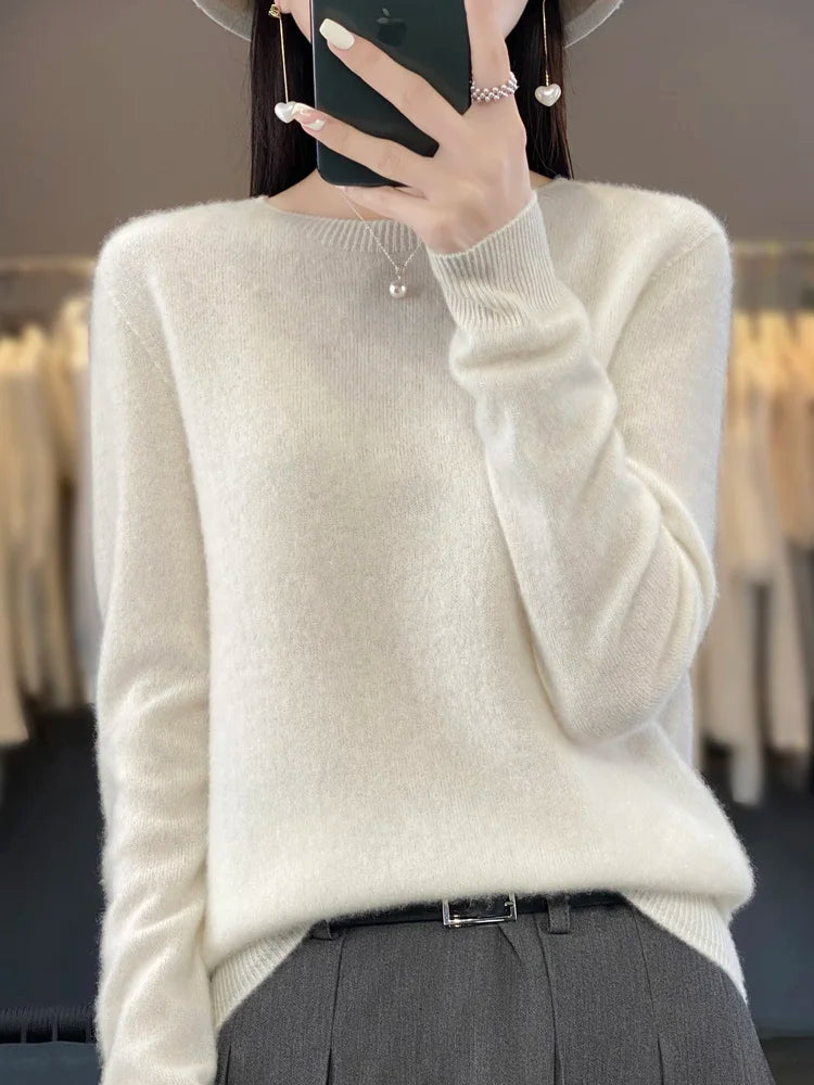 Women’s 100% Merino Wool O-Neck Cashmere Sweater – Autumn & Winter Casual Knitted Pullover 🍂🧶