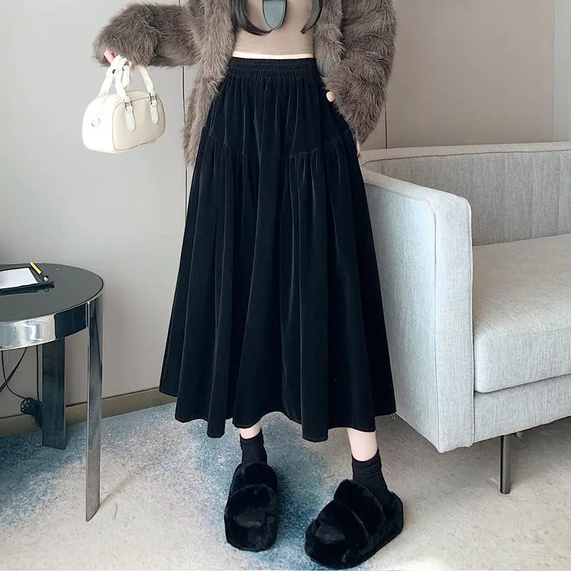 Plus Size Black Velvet Midi Skirt – High Waist A-Line Autumn Winter Mid-Length Skirt for Women