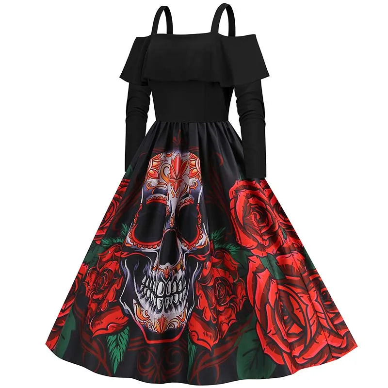 Elegant Spaghetti Strap Halloween Party Dress – Vintage Long Sleeve Ruffle Evening Prom Costume for Women | Autumn Winter