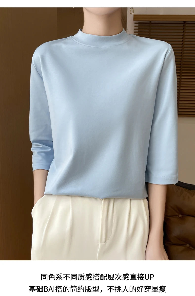 Women’s Cotton T-Shirt | Semi-High-Neck Cropped Sleeve Top | Loose Solid Color Summer & Autumn Bottoming Tee
