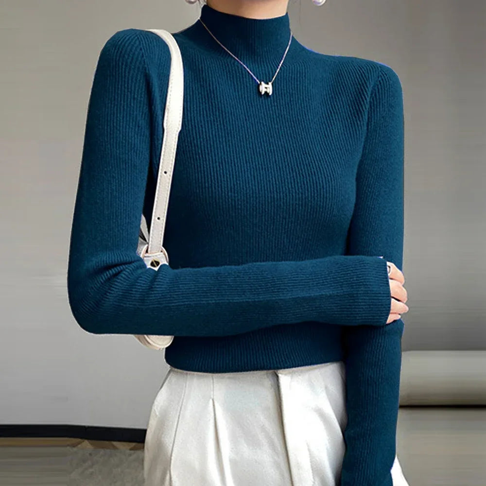 Women’s High Collar Knitted Sweater | Slim Fit Long Sleeve Top | Blue, Purple & Red Bottoming Shirt