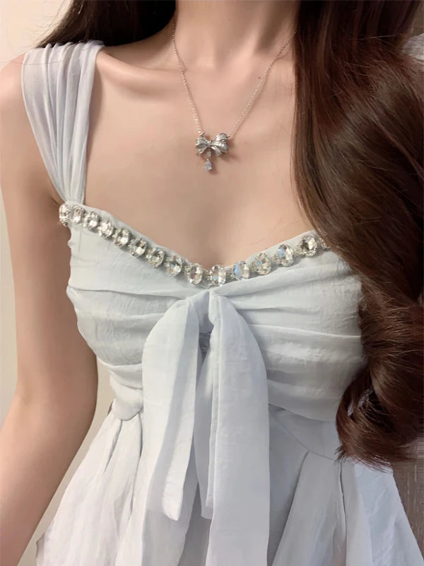 Pure Desire Knot Strap Diamond Vest – Women’s Summer Outdoor Waist Cinching Sleeveless Top Blue
