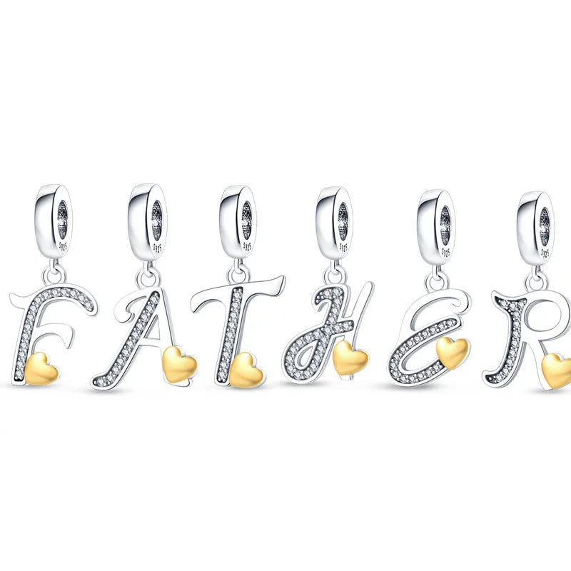 925 Sterling Silver A–Z Alphabet Letter Charms | Gold Heart Beads Fit Original Pan Bracelet | DIY Jewelry Accessories