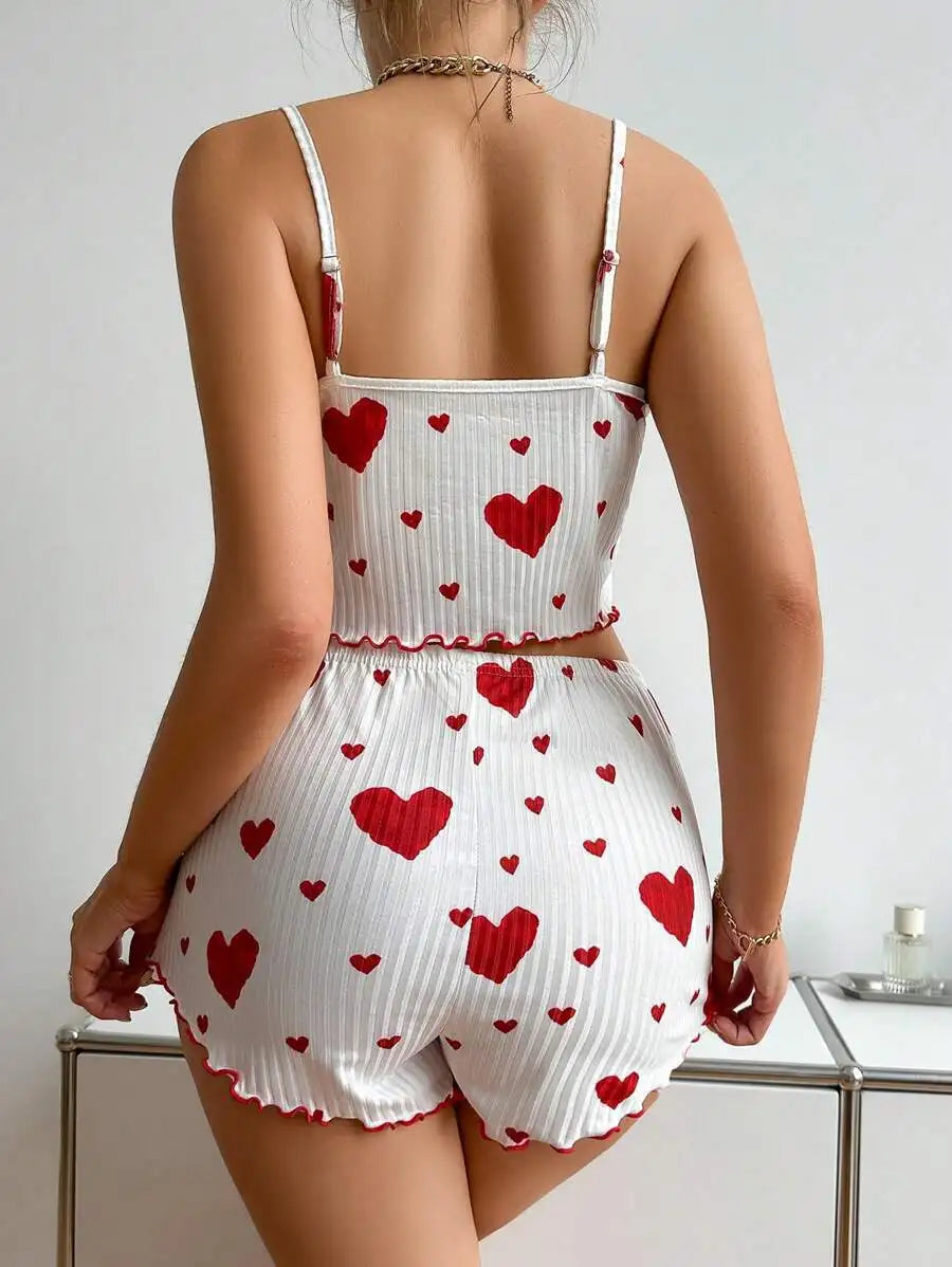 Women’s 2-Piece Pajamas Set – Short Tank Top & Shorts Sleepwear, Soft Casual Ventilated Loungewear with Love Print