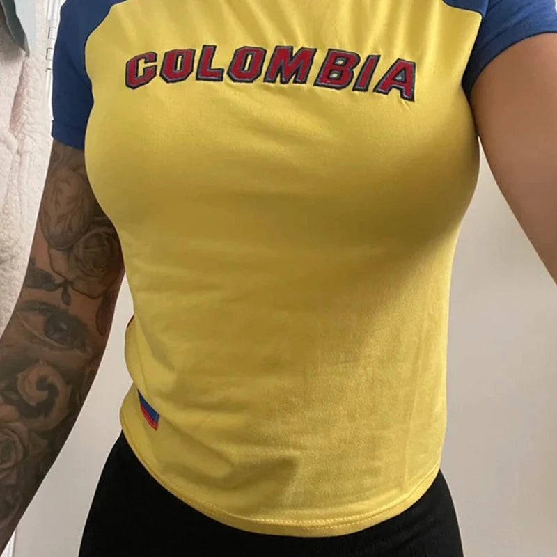 Y2K Colombia Print Punk Grunge Patchwork T-Shirt – Women’s Slim Sexy Crop Top Streetwear