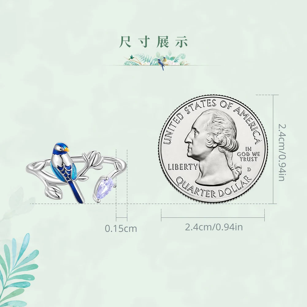 BISAER 925 Sterling Silver Floral Bird Open Ring | Adjustable White Gold Plated Flower Band for Women – Fine Party Jewelry