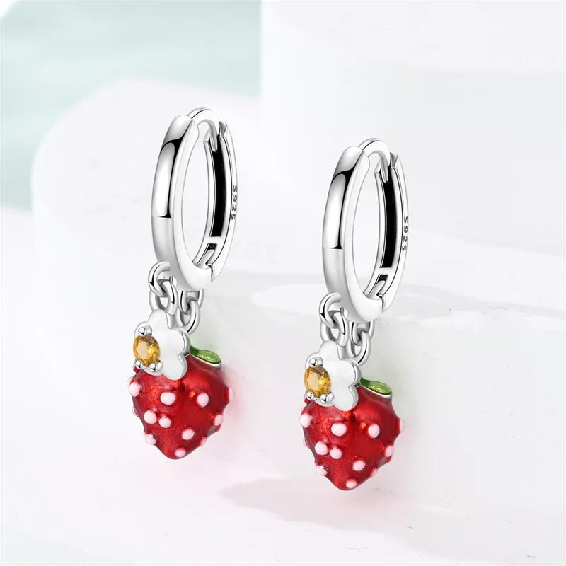 Original 925 Sterling Silver Fruit Series Earrings | Cherry & Strawberry Zircon Hoop Studs for Women Girls Party Jewelry