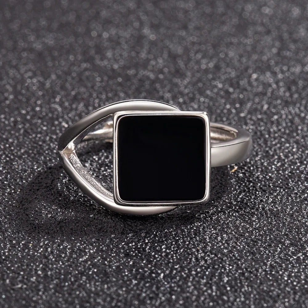 Adjustable Black Onyx Square Opening Ring – Geometric Skeleton Design Fashion Jewelry for Women & Men