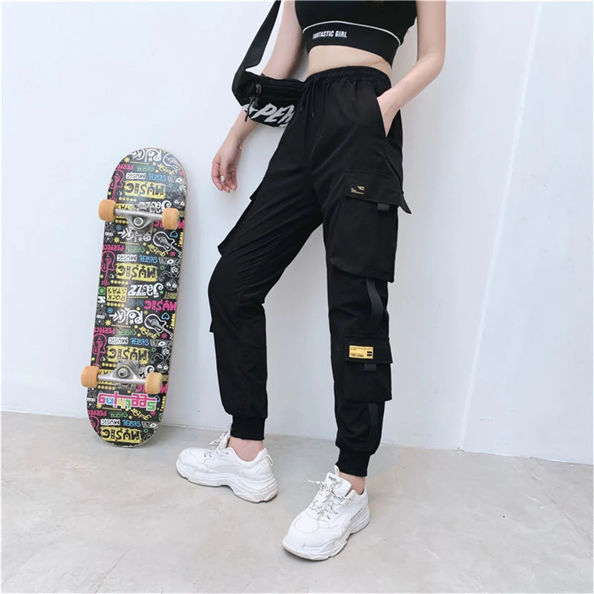 Black Cargo Pants for Women | High Waist Loose Joggers | Korean Hip Hop Streetwear Trousers