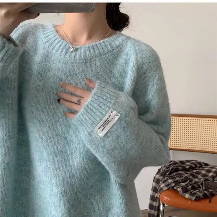 Loose Women’s Blue Sweater | Korean Casual Knitwear | Spring Autumn Round Neck Pullover
