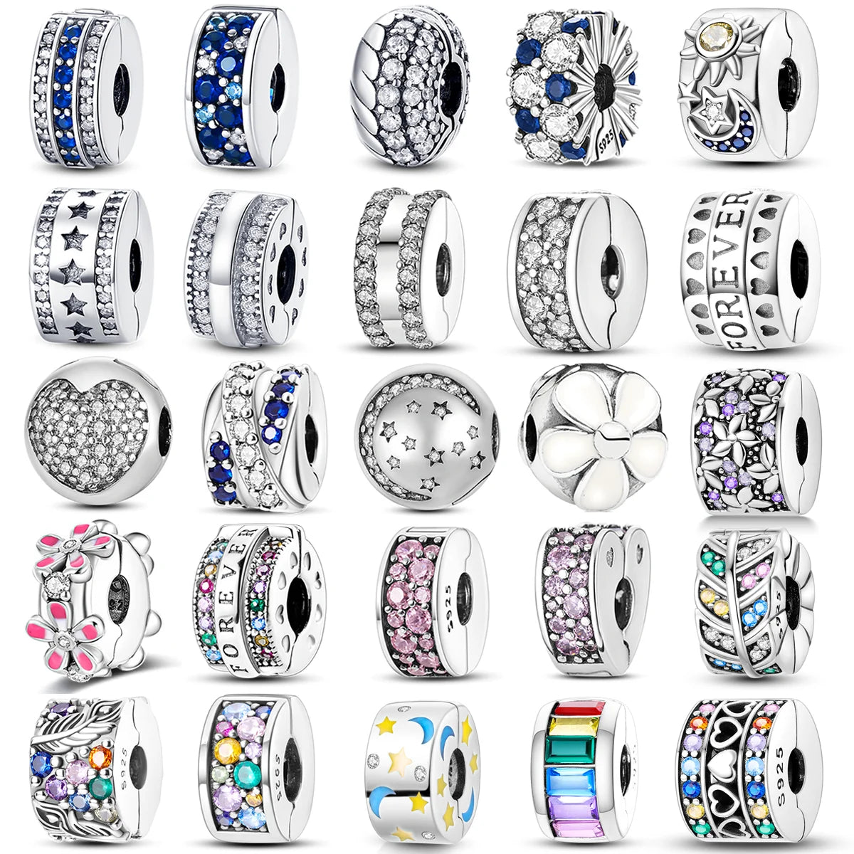 925 Sterling Silver CZ Pave Daisy Clip Charm & Safety Chain – Fits Original Pandora Bracelet, Women’s Silver Stopper Beads Jewelry