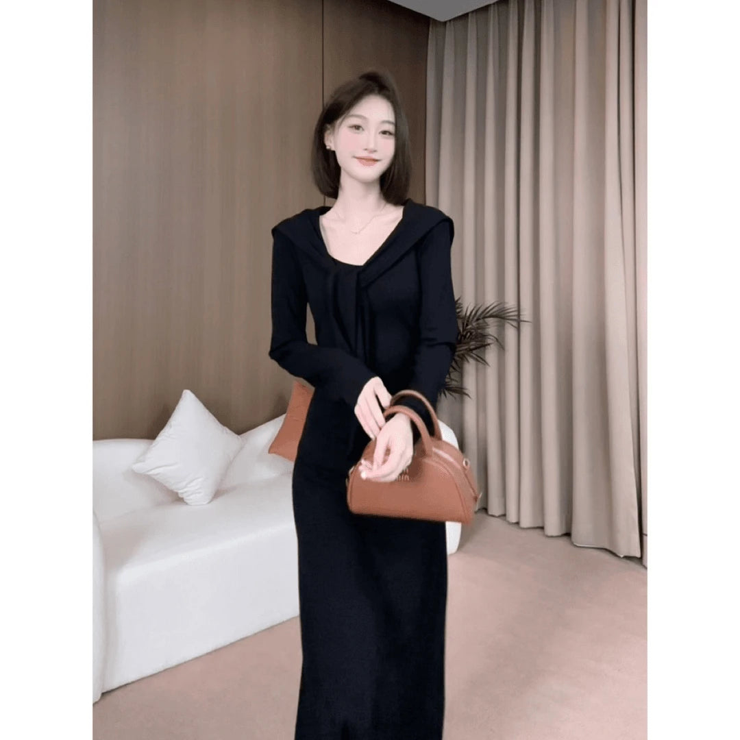Early Autumn Korean Sle Knitted Slim Fit Long Sve Dr Women's Casual V-ne A-line Dr Warm Thi Polyester Fiber