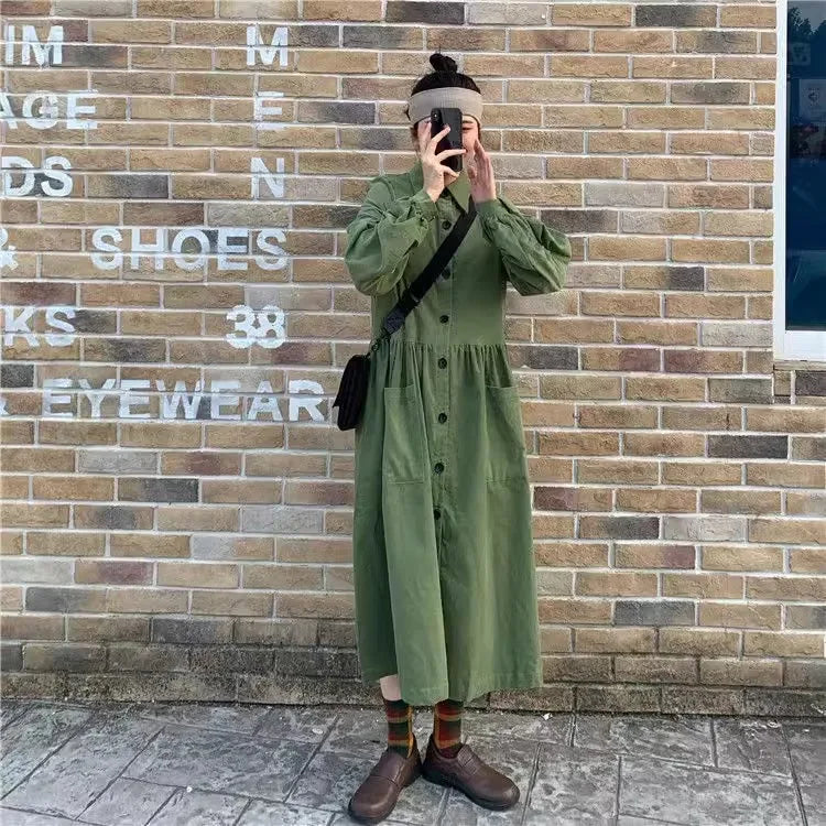 Retro Polo Collar Long Shirt Dress for Women – Loose Fit Casual Tea Break Gown | Elegant Everyday Fashion