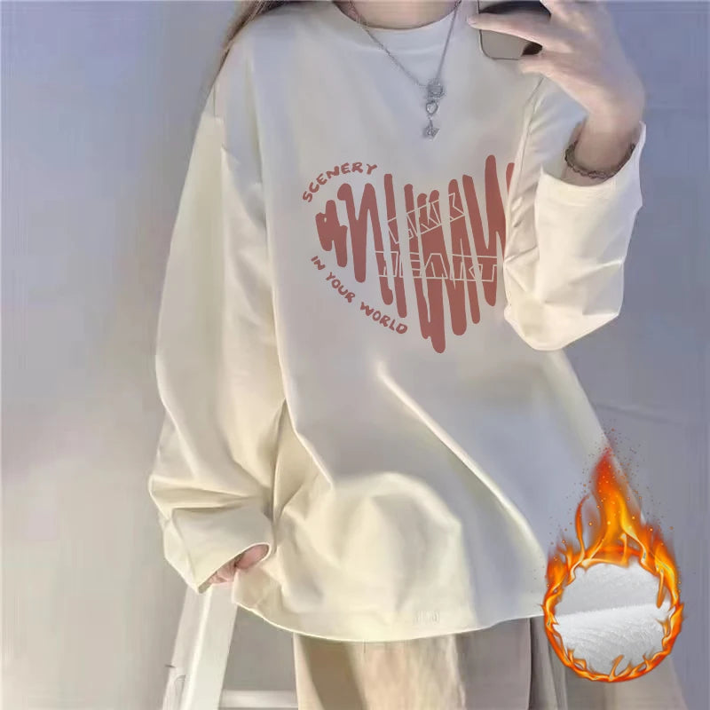 White Fleece-Lined Loose Long Sleeve Women’s T-Shirt – Slimming Base Layer Korean Style Commute Top