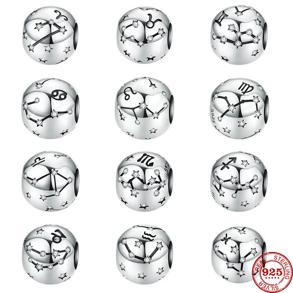 New 925 Sterling Silver Zodiac Constellation Beads | Round Pendant Charms for Women’s Bracelets & DIY Jewelry