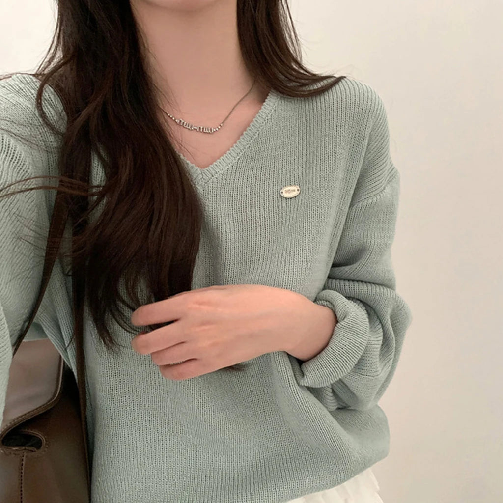 Loose Women’s Knitwear V-Neck Long Sleeve T-Shirt – Casual Comfortable Fashionable Autumn Top New Arrival