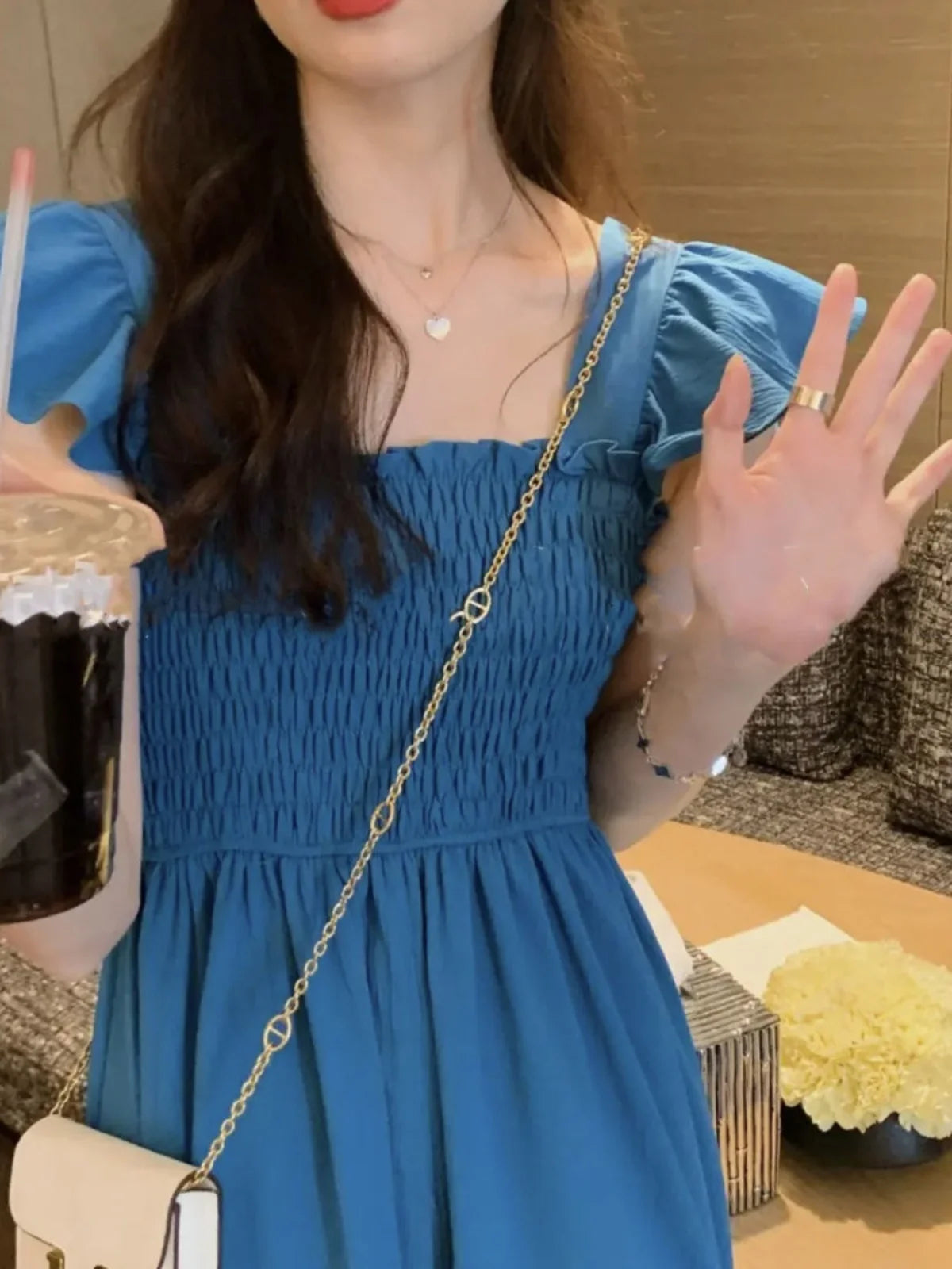 ☀️ Summer 2025 Elegant Hepburn-Style Tea Break Midi Dress 👗 Gathered Waist, Short Sleeve, Square Collar Pleated A-Line Dress 🌸
