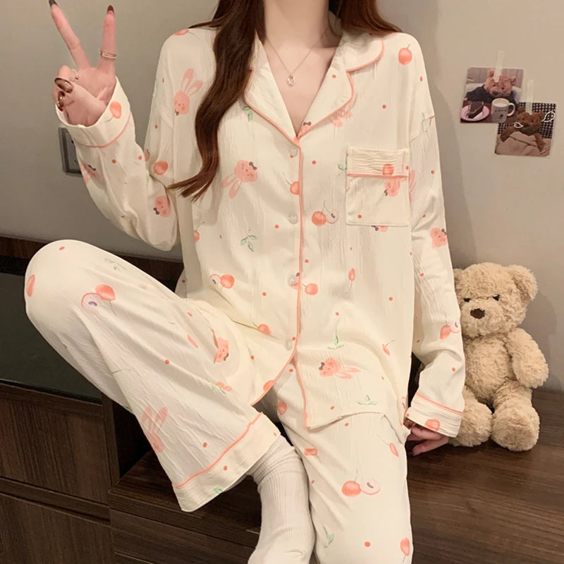 🌸 Pink Bow Pajamas Set for Women 💖 Long Sleeve Top & Elastic Waist Pants 🛌 Harajuku Style Casual Home Wear