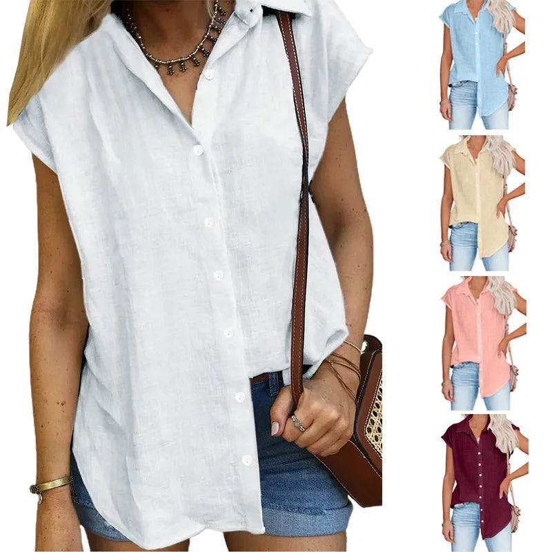 Summer Solid Cotton Linen Shirt for Women – Casual Short Sleeve Loose T-Shirt Ladies Thin Tee Top 🌿✨