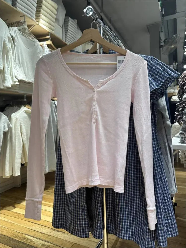 Women’s Pink Striped Slim Long Sleeve Tee | Casual Cotton O-Neck T-Shirt | Sweet Vintage Y2K Top