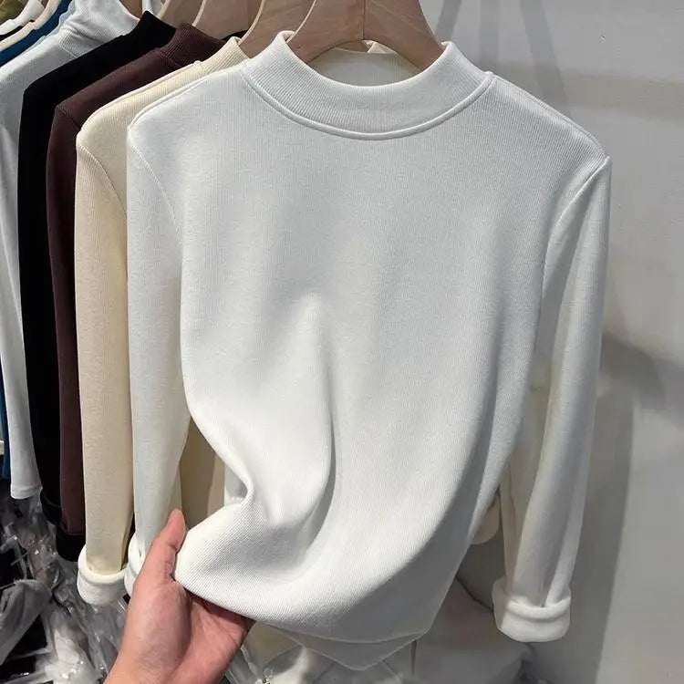 ❄️ Thiened Fleece Warm Long Sleeve Innerwear 👚 Slim Fit Mid-Neck Women's Base T-Shirt 🌸 Autumn Winter Two-Piece Set
