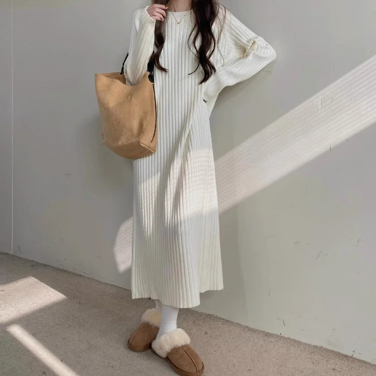 Plus Size Women’s Mid-Length Dress – Casual Round Neck Long Sleeve A-Line H-Line Skirt for Autumn Winter