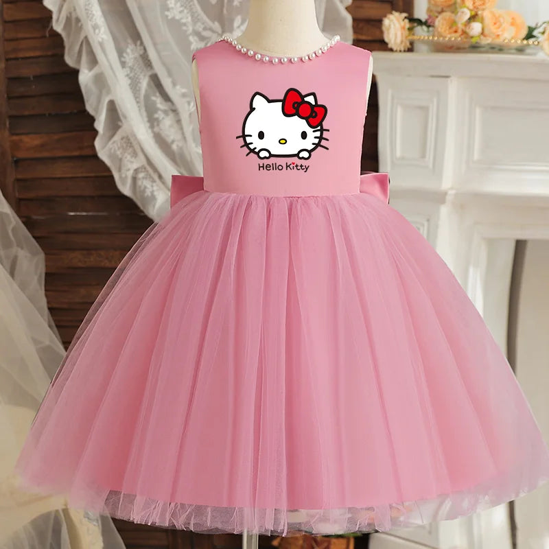 Hello Kitty Kids Pearls Elegant Princess Dress for Girls Backless Bow Baby 1st Birthday Baptism Tutu Gown Wedding Dress