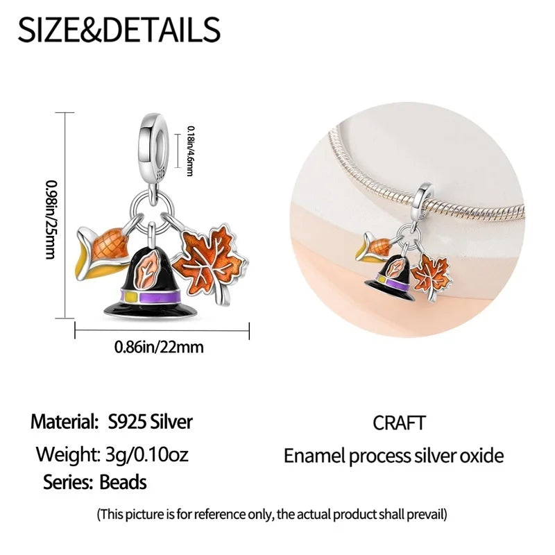 925 Sterling Silver Squirrel & Maple Leaf Charm | Shiny Zircon Autumn Beads Fit Pandora Bracelet DIY Jewelry