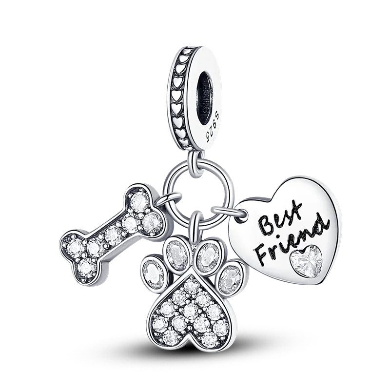 925 Sterling Silver Pink Cat & Dog Paw Charm Bead | Animal Claw Bone Beads for 925 Bracelet DIY Jewelry Gift