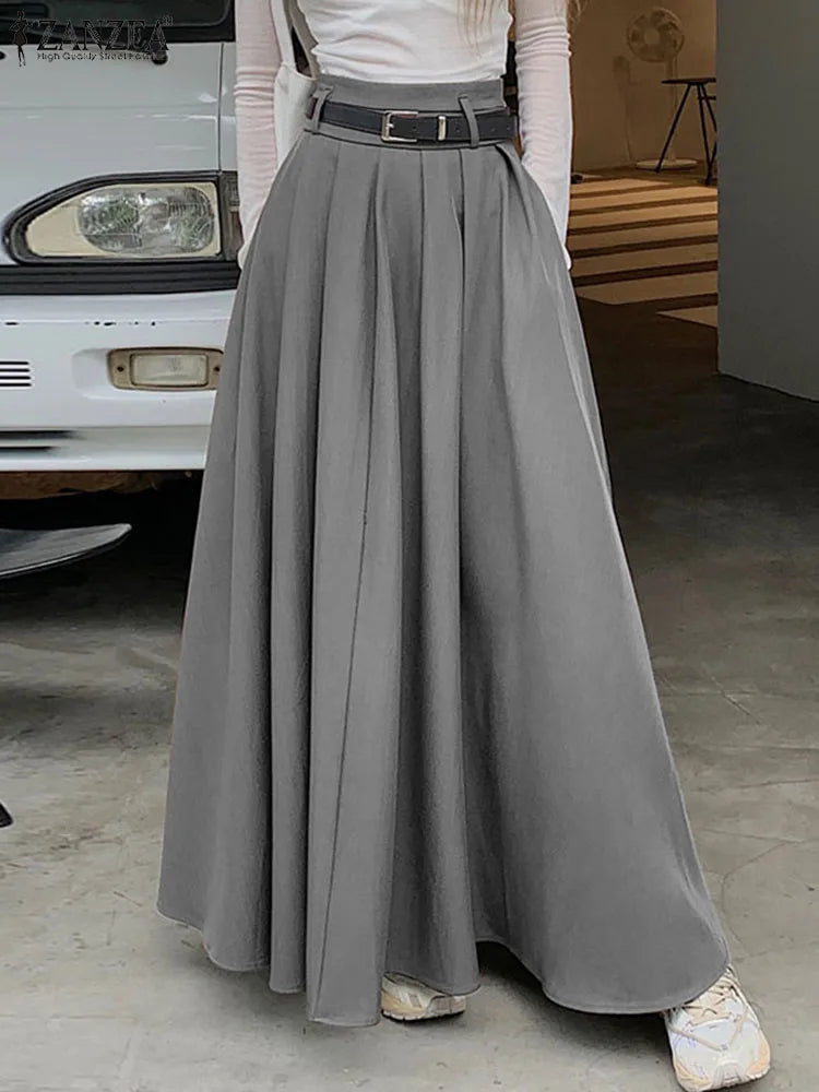 ZANZEA Women High Waist Pleated Swing Skirt – Vintage Korean Style Long Solid Skirt for Spring 2024