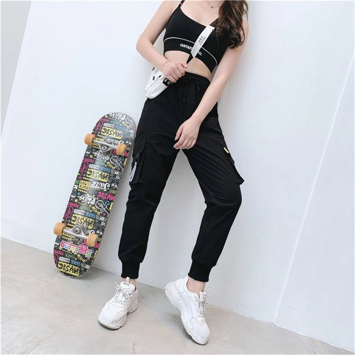 Black Cargo Pants for Women | High Waist Loose Joggers | Korean Hip Hop Streetwear Trousers