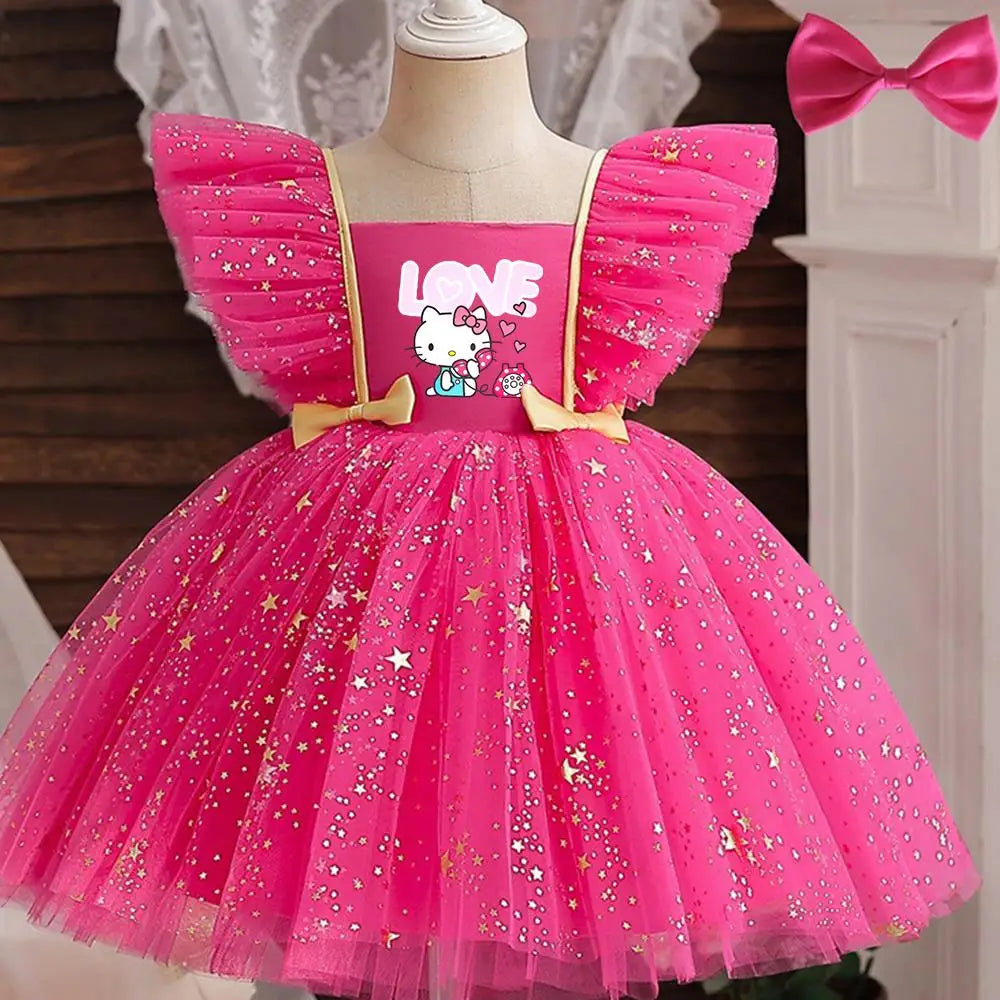 Hello Kitty Girl Party Dress Christmas Birthday School Holiday High Waist Tulle Dress Bow Wedding Gown Kids Wear Princess Dress