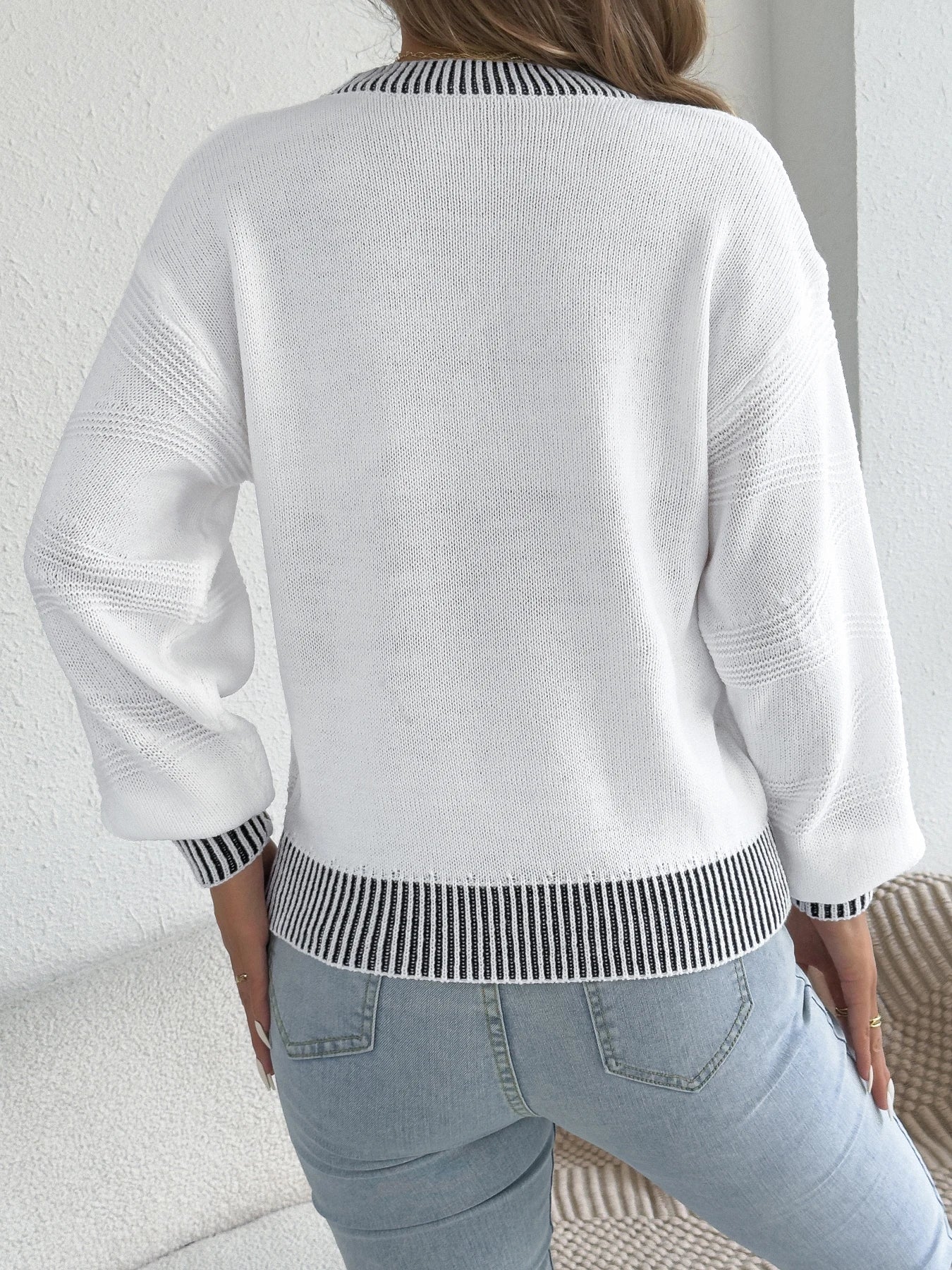2025 Women’s Autumn Winter Round Neck Striped Sweater – Lantern Sleeve Knitted Pullover
