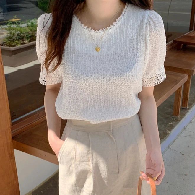 Elegant White Lace Hollow Out Blouse | Fairy-Style Bubble Sleeve Summer Top for Women