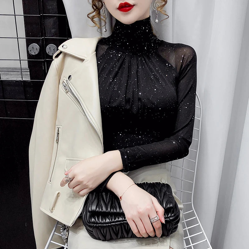 Korean Fashion Women’s Mesh High Neck Top – Sexy Black Silk Casual Bottoming Shirt 🌿✨