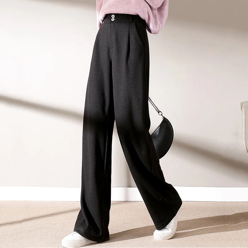 2024 Autumn Winter Women’s Woolen Wide Leg Pants – High Waist Thick Draping Trousers