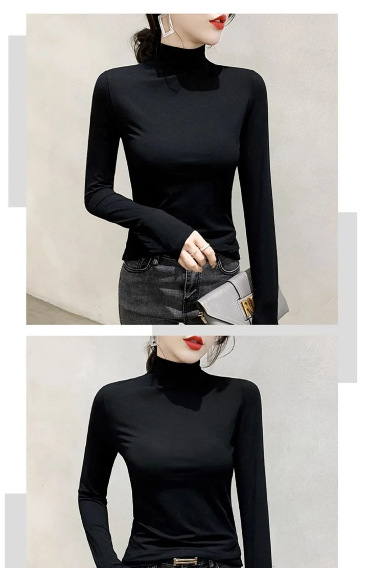 2024 Women’s Black Turtleneck Long Sleeve T-Shirt | Elegant Modal Y2K Korean Fashion Top for Autumn & Winter