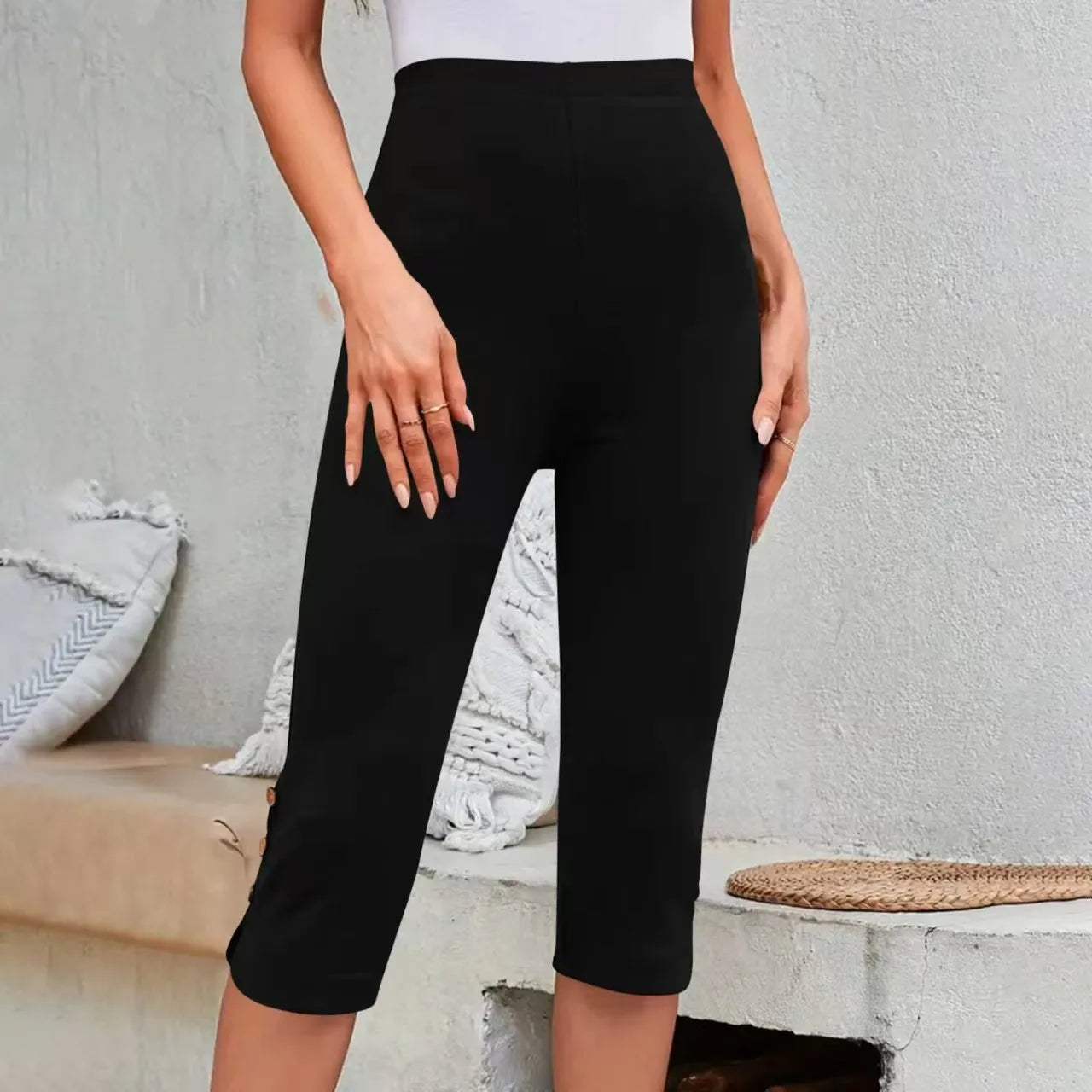 Women’s High-Waisted Elastic Mid-Calf Pants | Seven-Foot Trousers with Button Detail | Comfortable Base Layer Clothing