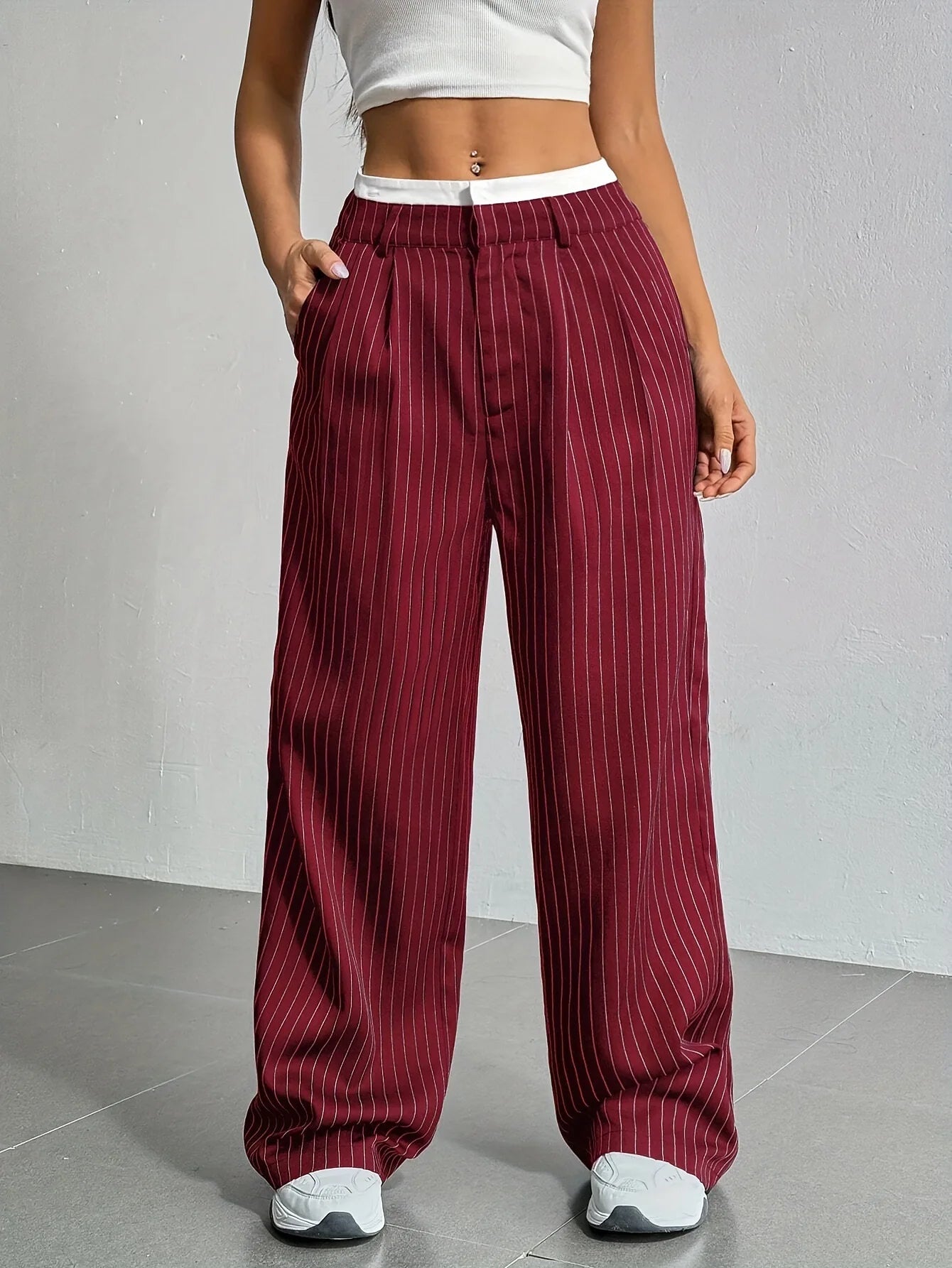 Women’s High Waist Straight Leg Pinstripe Trousers | Office & Casual Striped Dress Pants with Pockets